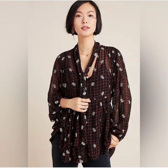 Anthropologie Not So Serious Elysia Blouse Size Small Black Red Business Office - Picture 1 of 12